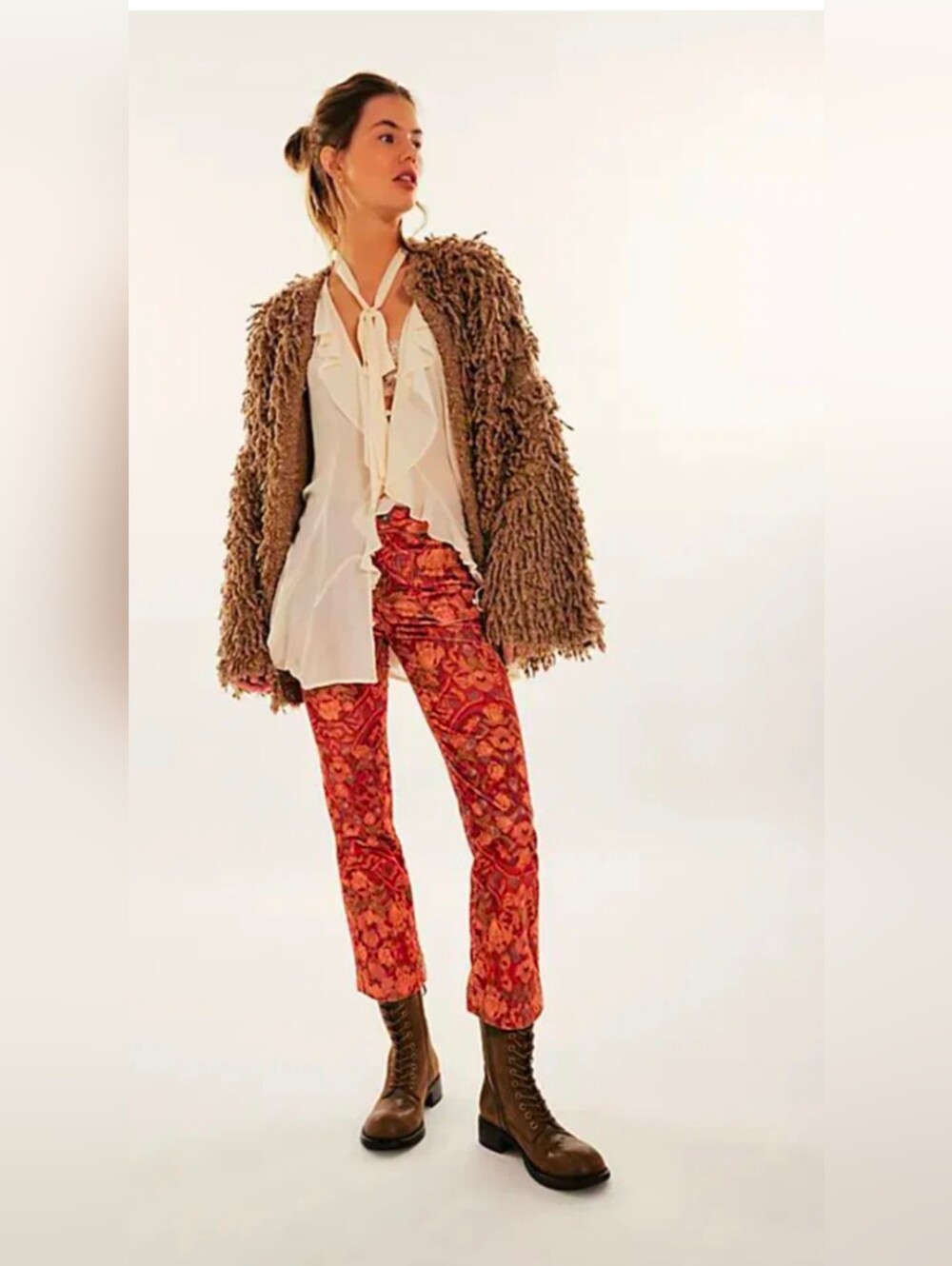 NWT FREE PEOPLE Floral Printed Corduroy Pants - Rust Multi SZ 4